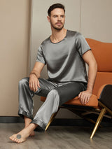 [Mörkgrå] SilkSilky-SE Rent Silke Kort Ärm Round Neck Herr Pyjama 004