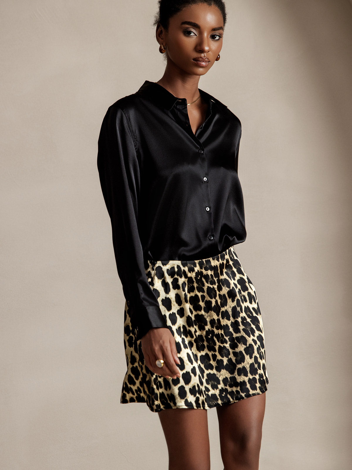 [Svart] SilkSilky-SE Silke Lång Ärm Krage Damskjorta 005