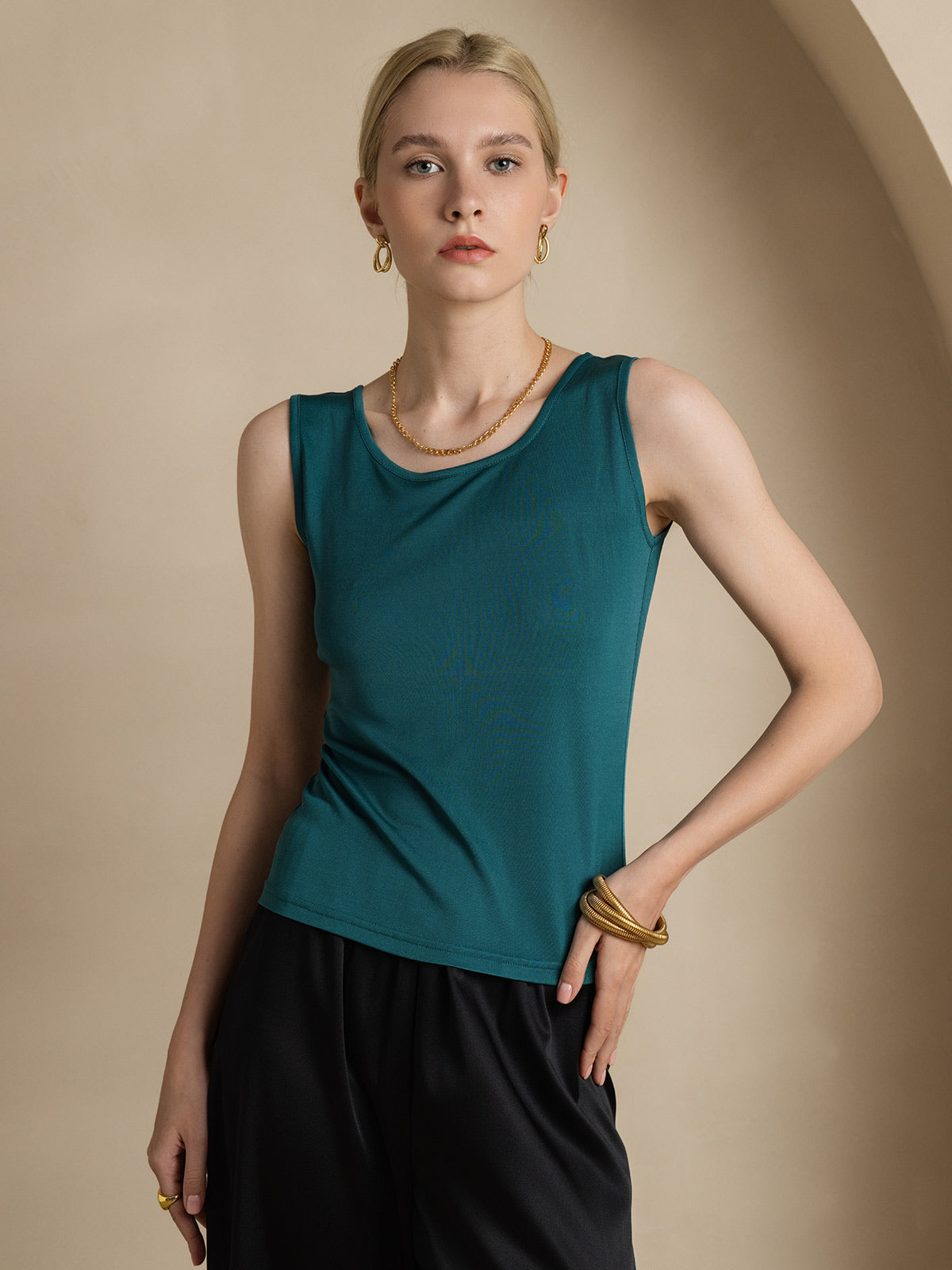 [Mörkgrön] SilkSilky-SE Silke Stickad Ärmlös Round Neck Dam T-Shirt 001