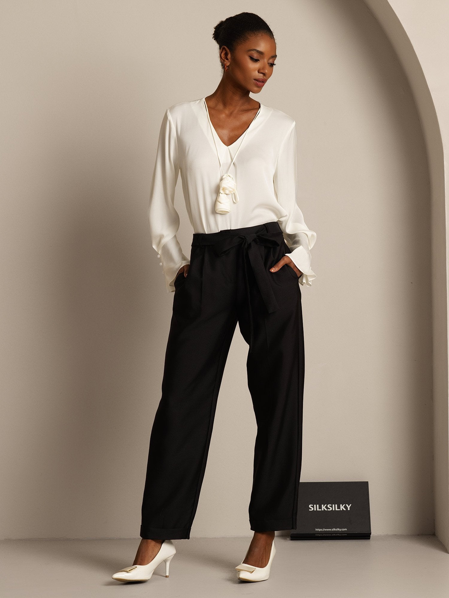 [Svart] SilkSilky-SE 32Momme Silk-Wool Blend Womens Pants 007,