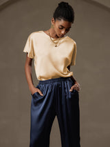 [Champagne] SilkSilky-SE 19Momme Kort Ärm Båtringad Dam T-Shirt 010