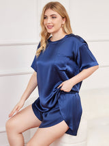 [Mörkblå] SilkSilky-SE Rent Silke Kort Ärm Round Neck Dam Plus Storlek Pyjama 004