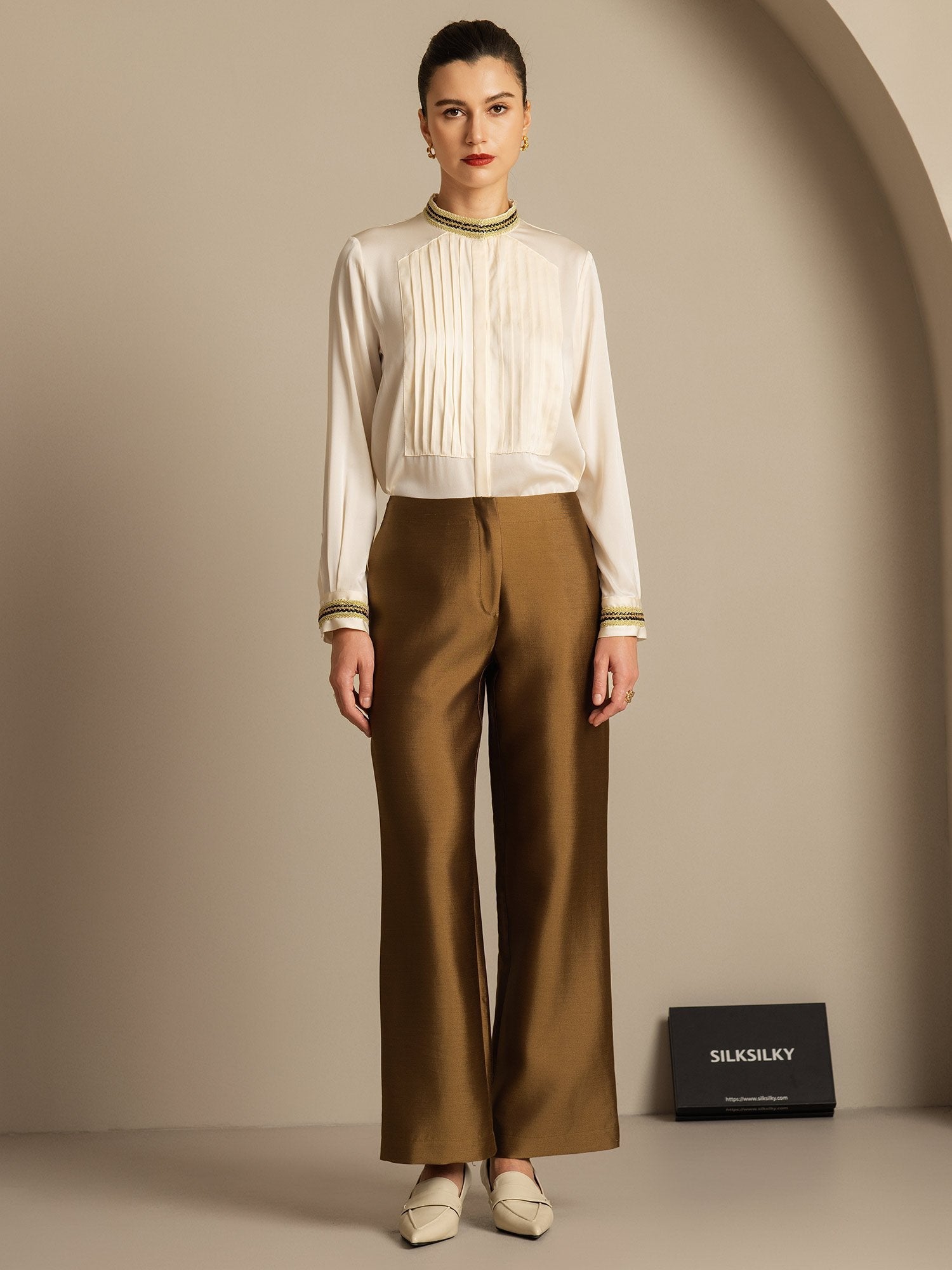 [Brons] SilkSilky-SE 32Momme Silk-Wool Blend Womens Pants 005,