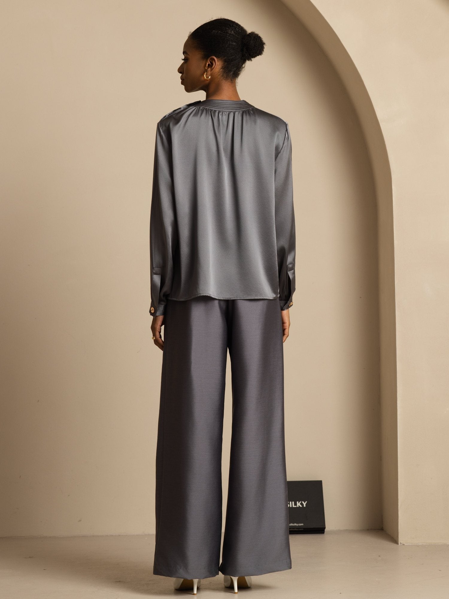 [Mörkgrå] SilkSilky-SE 19Momme Silke Lång Ärm Rund Halsringning Blus 002