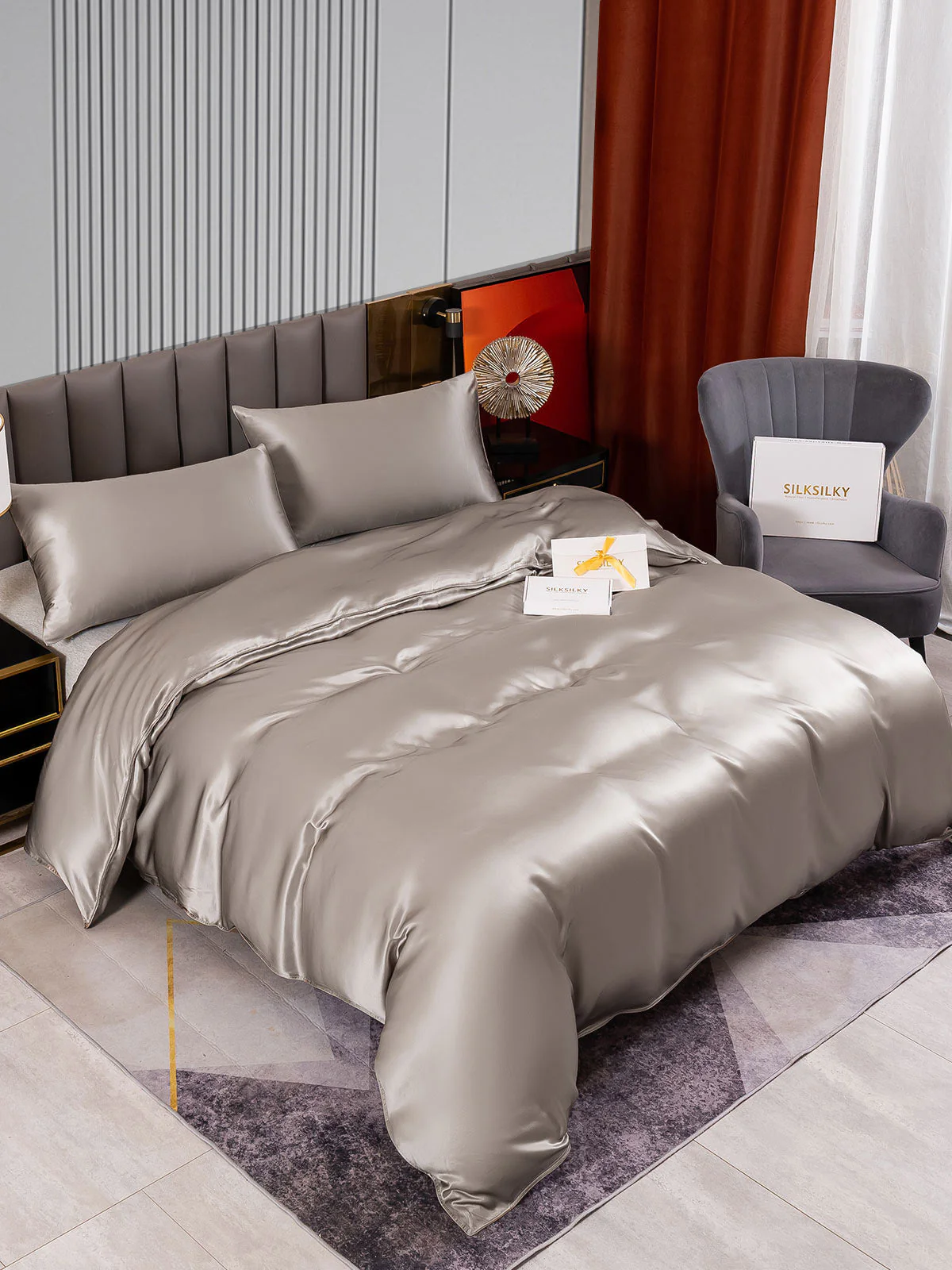 [Grå] SilkSilky-SE 22Momme Rent Silke Bedding Set 002,