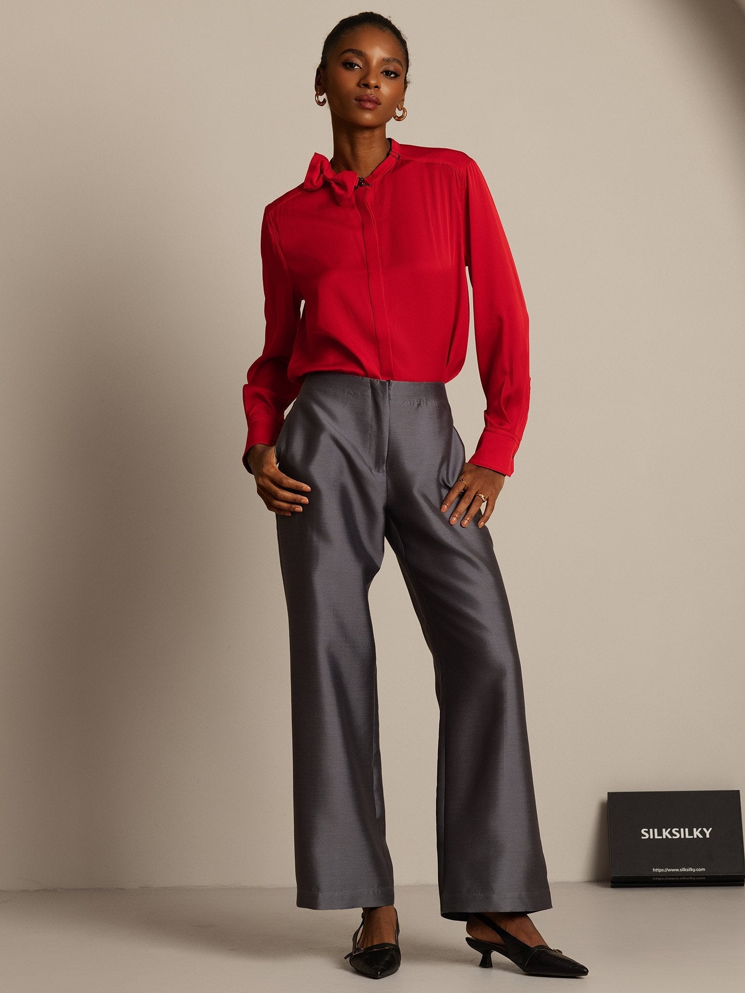 [Grå] SilkSilky-SE 32Momme Silk-Wool Blend Womens Pants 005,