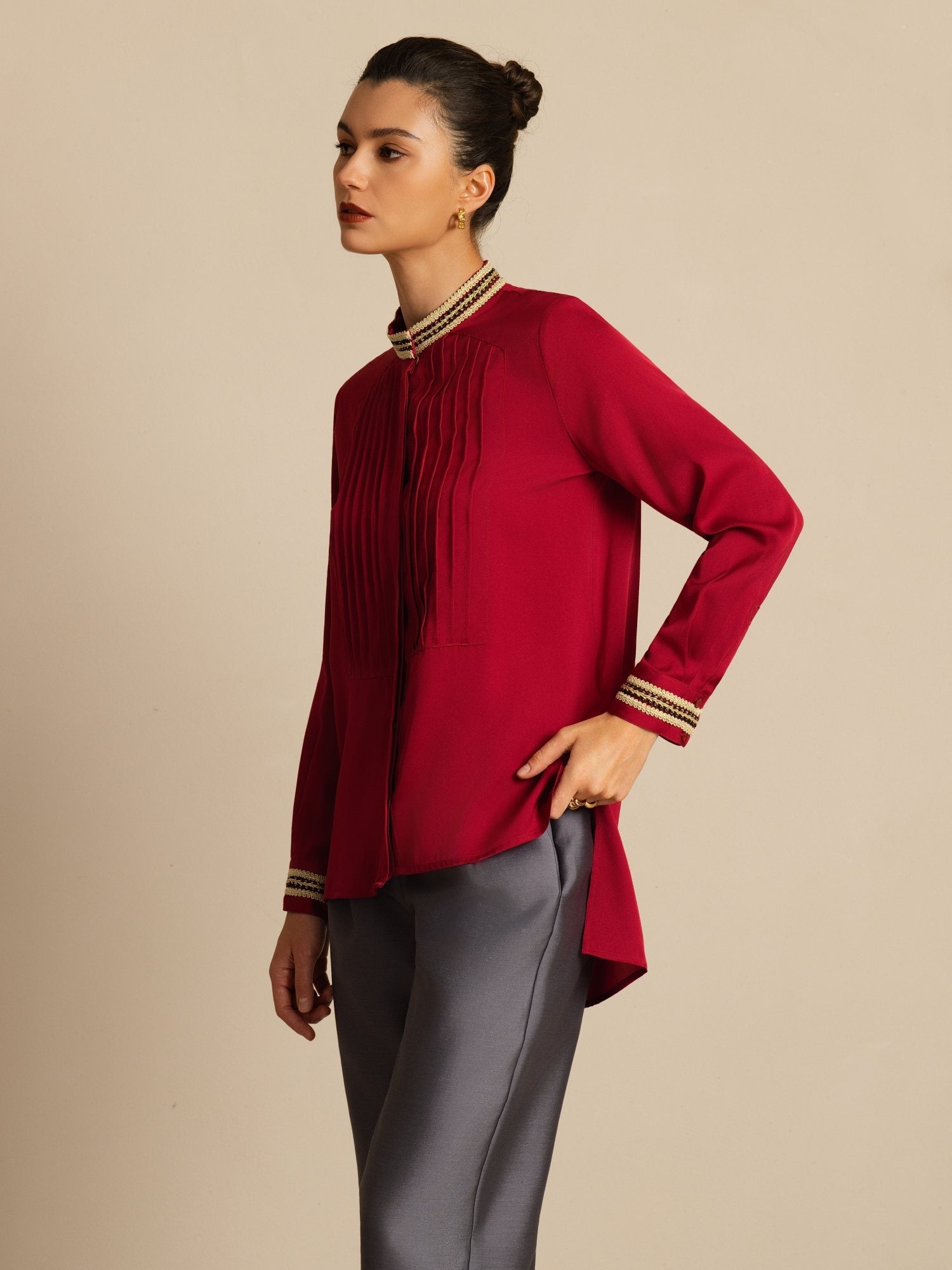 [Vin] SilkSilky-SE 19Momme Silke Lång Ärm Ståkrage Blus 005