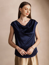 [Mörkblå] SilkSilky-SE Cap Sleeve Cowl Neck Dam T-Shirt 001