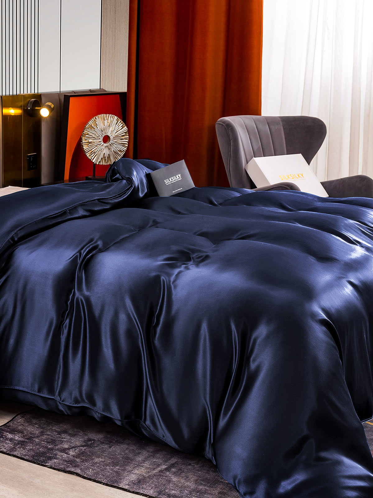 SilkSilky SE 22Momme Rent Silke Duvet Cover Mörkblå 004