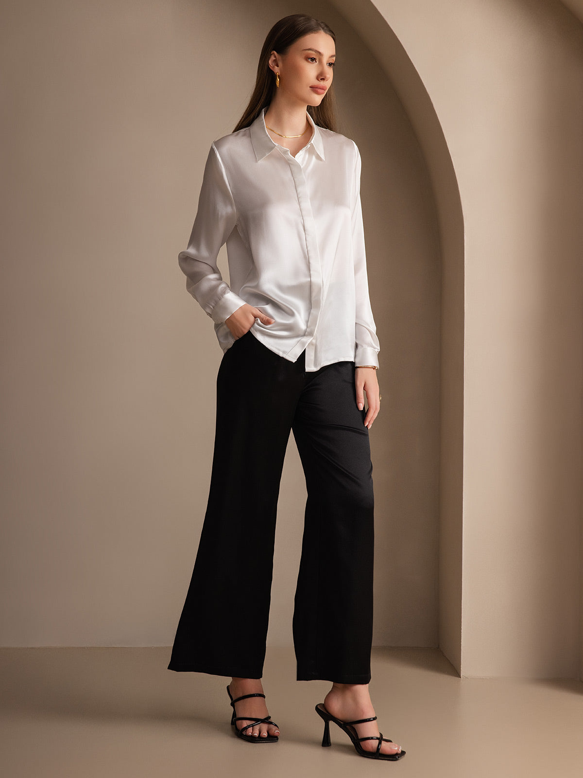 [Vit] SilkSilky-SE 19Momme Silke Lapel Collar Damskjorta 008