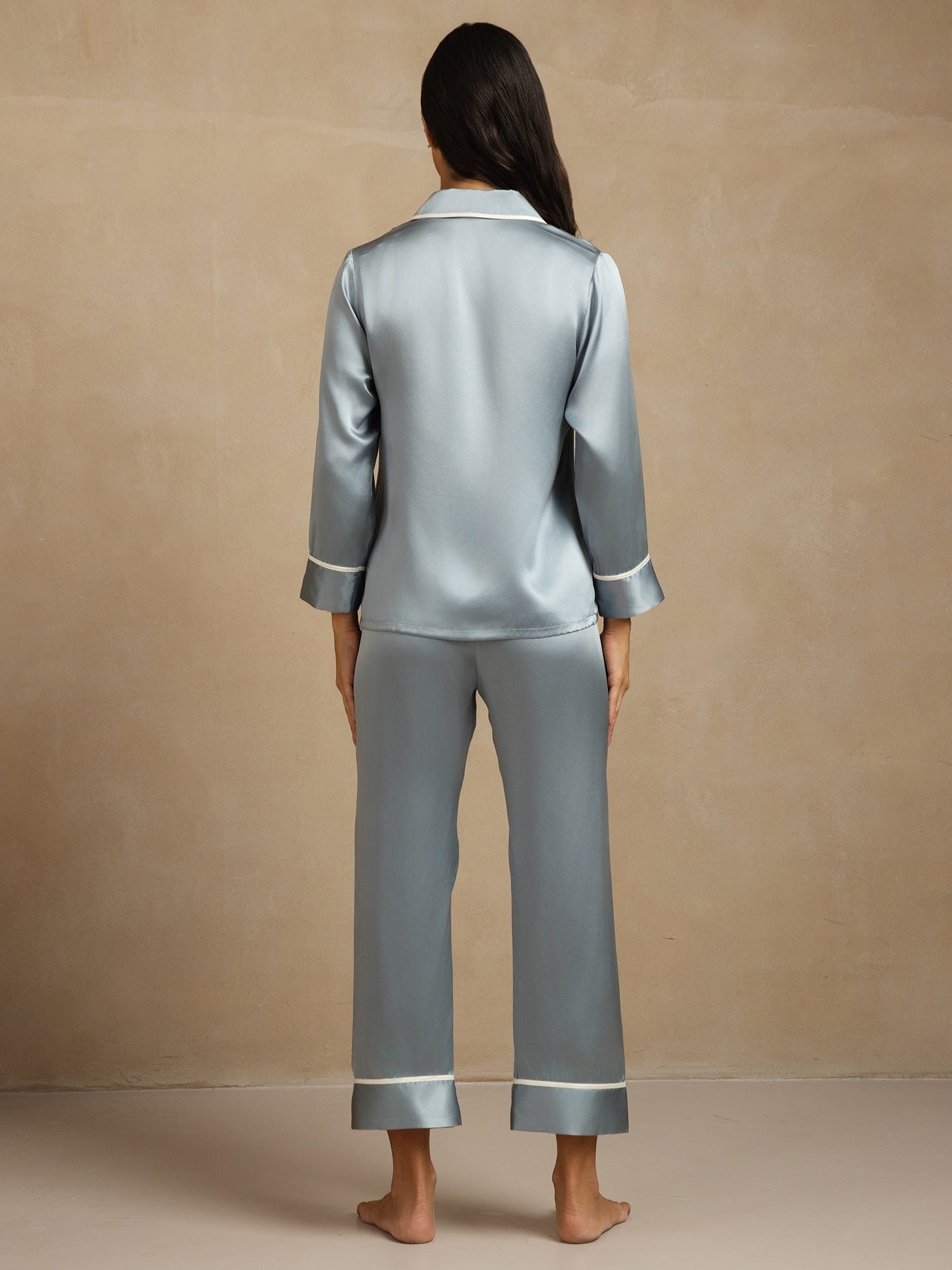 [Gråblå] SilkSilky-SE Lång Ärm Notchkrage Dam Pyjama 002