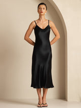 [Svart] SilkSilky-SE Spaghetti Strap V Neck Klänning 001