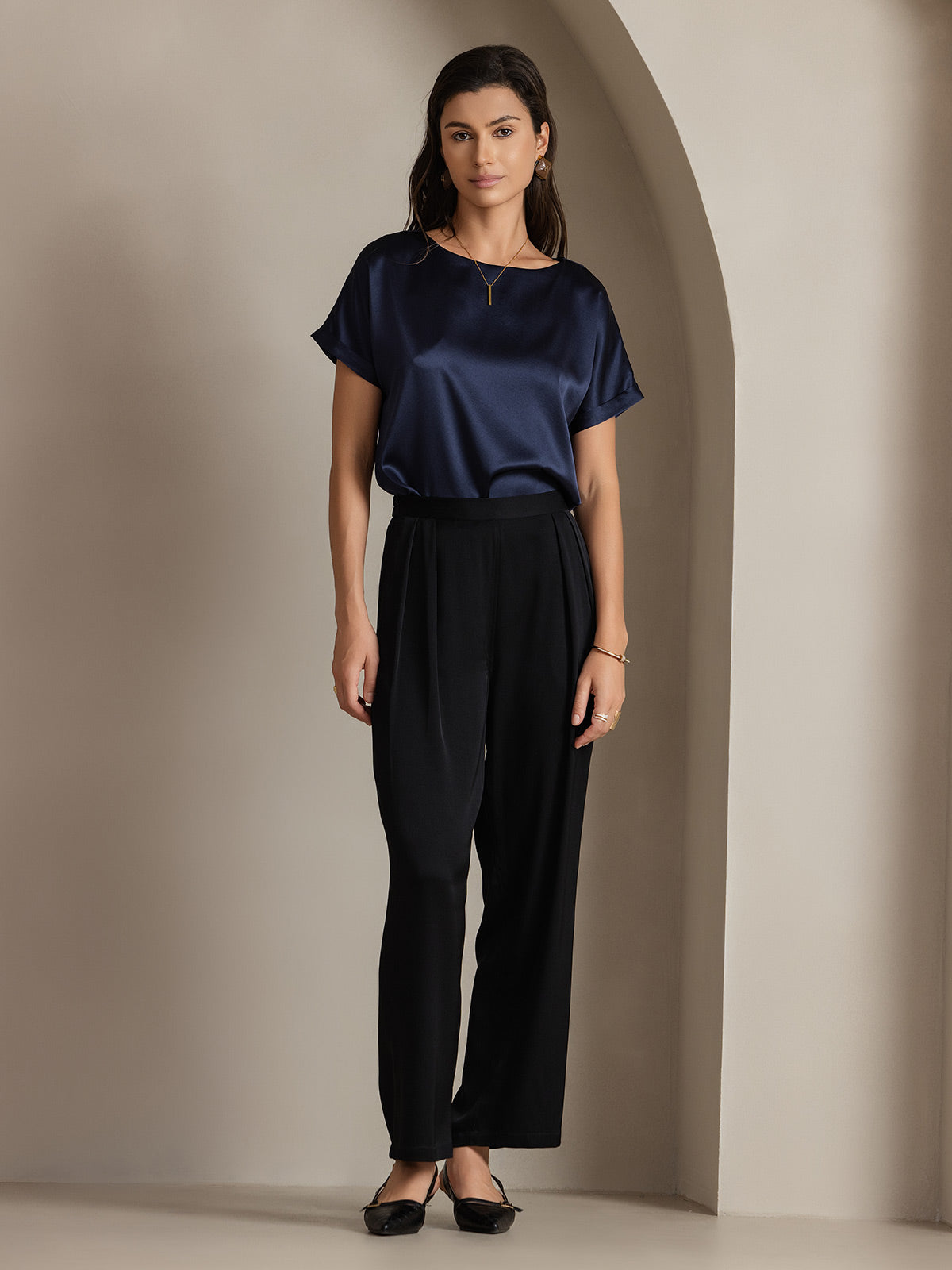 [Mörkblå] SilkSilky-SE 19Momme Silke Womens T-Shirt 005,