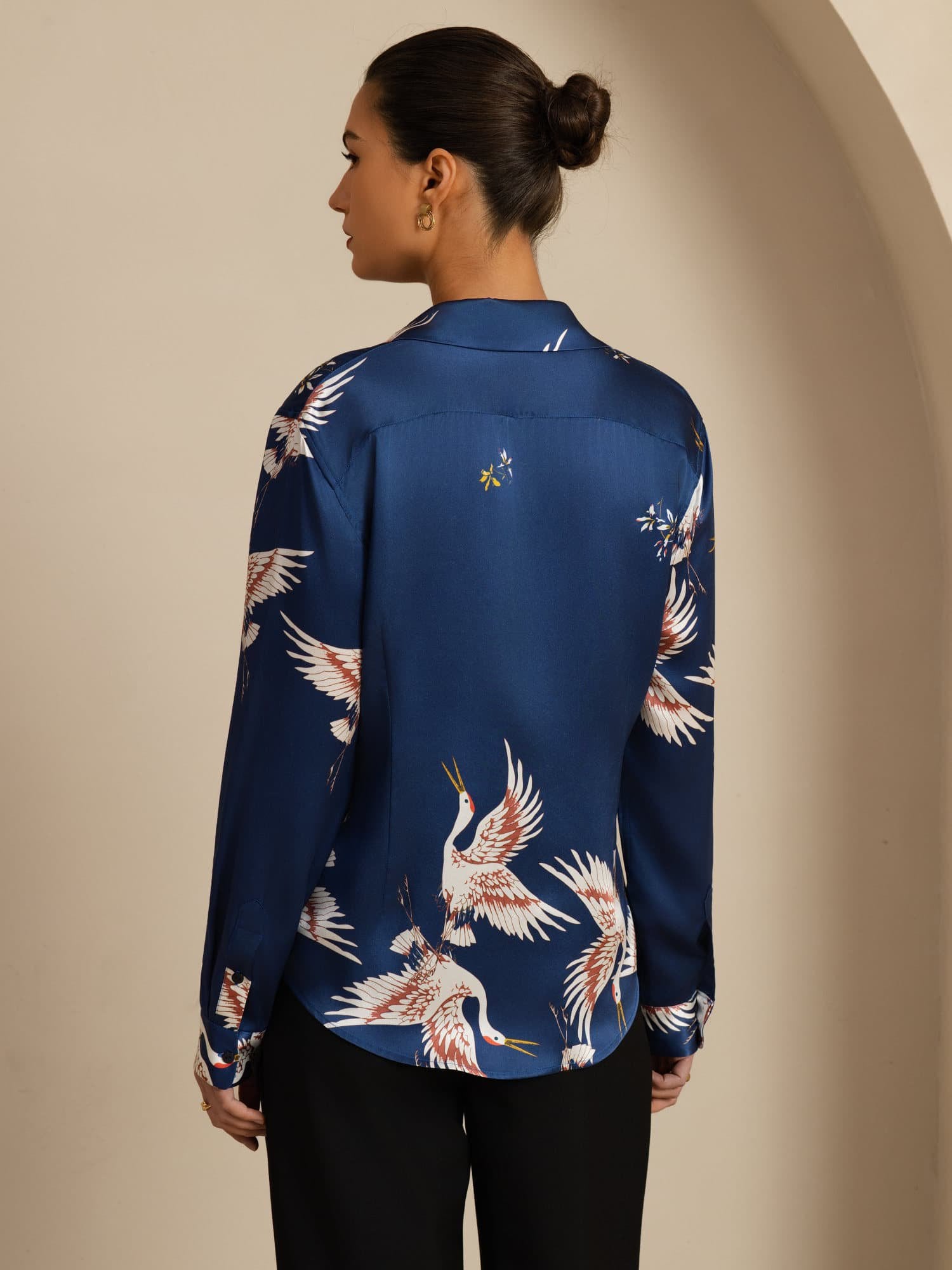 [Mörkblå] SilkSilky-SE Long Sleeve Lapel Collar Damskjorta 002