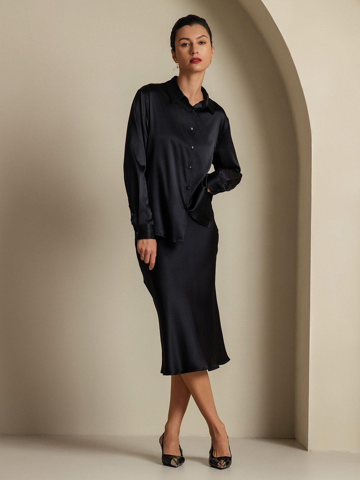 [Svart] SilkSilky-SE 19Momme Silke Krage Women''s Outfit Sets 001,