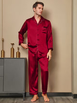 [Röd] SilkSilky-SE Long Sleeve Lapel Collar Herr Pyjama 003