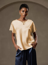 [Champagne] SilkSilky-SE 19Momme Kort Ärm Båtringad Dam T-Shirt 008