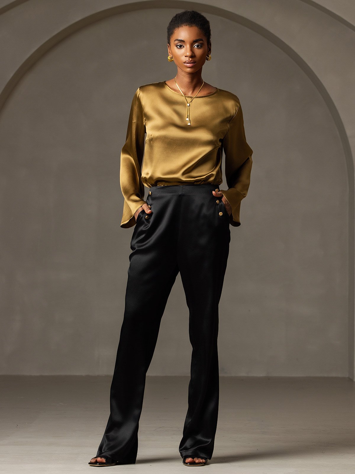 [Svart] SilkSilky-SE 19Momme Silke Womens Pants 003