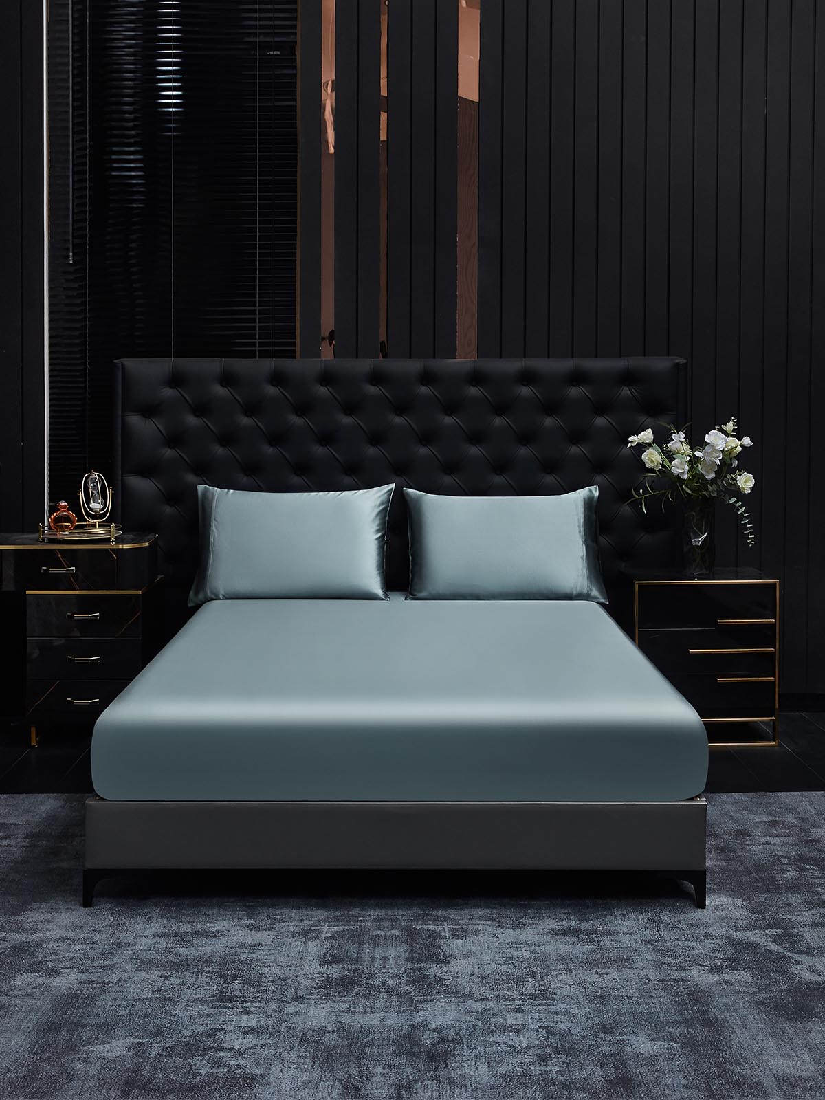 [Gråblå] SilkSilky-SE 19Momme Rent Silke Bedding Set 002