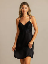 [Svart] SilkSilky-SE Spaghetti Strap V Neck Nattlinne 004