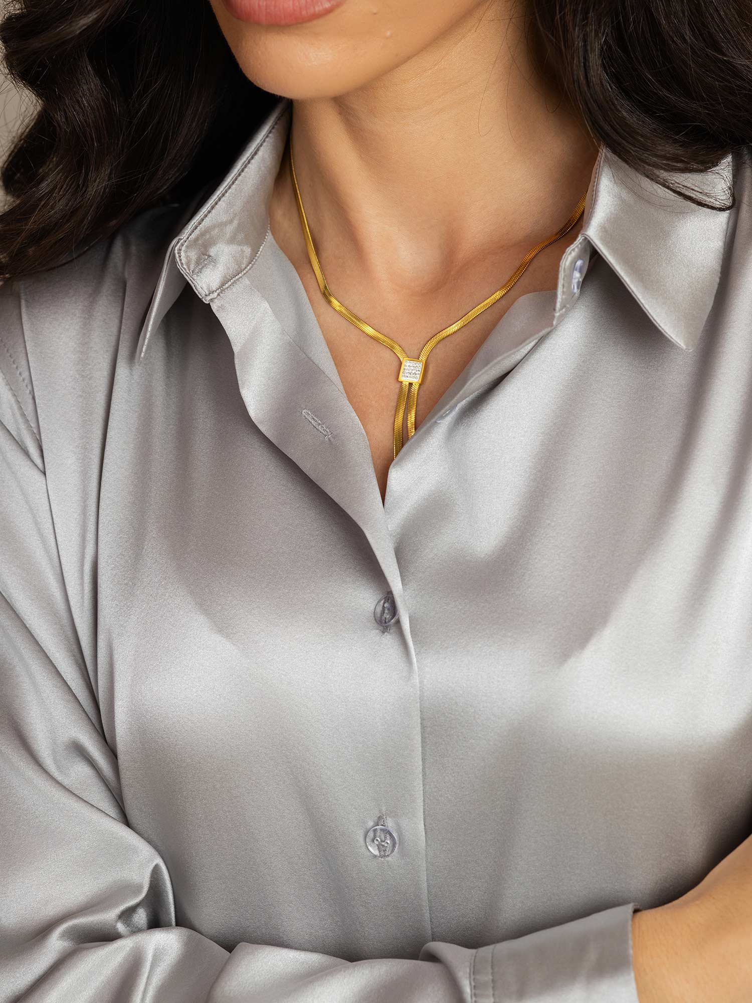 [Ljusgrå] SilkSilky-SE Silke Lång Ärm Krage Damskjorta 006