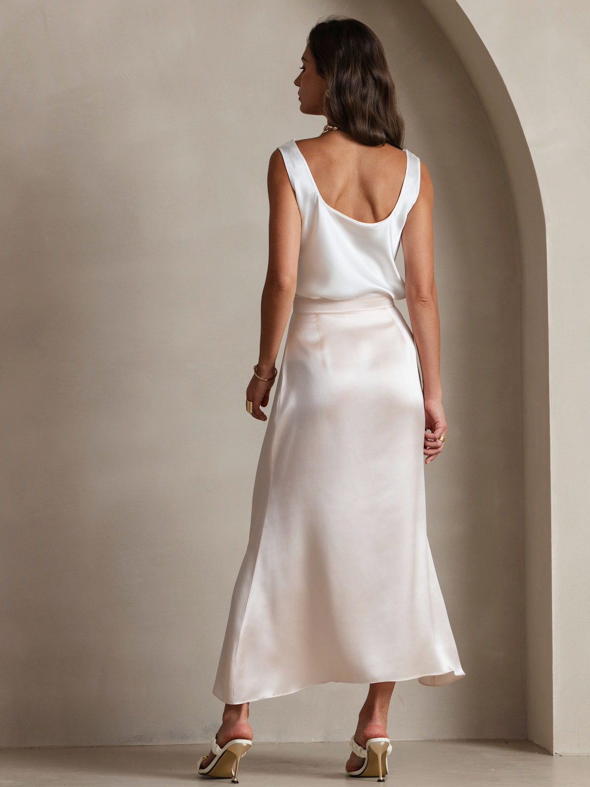 [Vit] SilkSilky-SE 19Momme Ärmlös Djup Rund Halsringning Cami Toppar 004