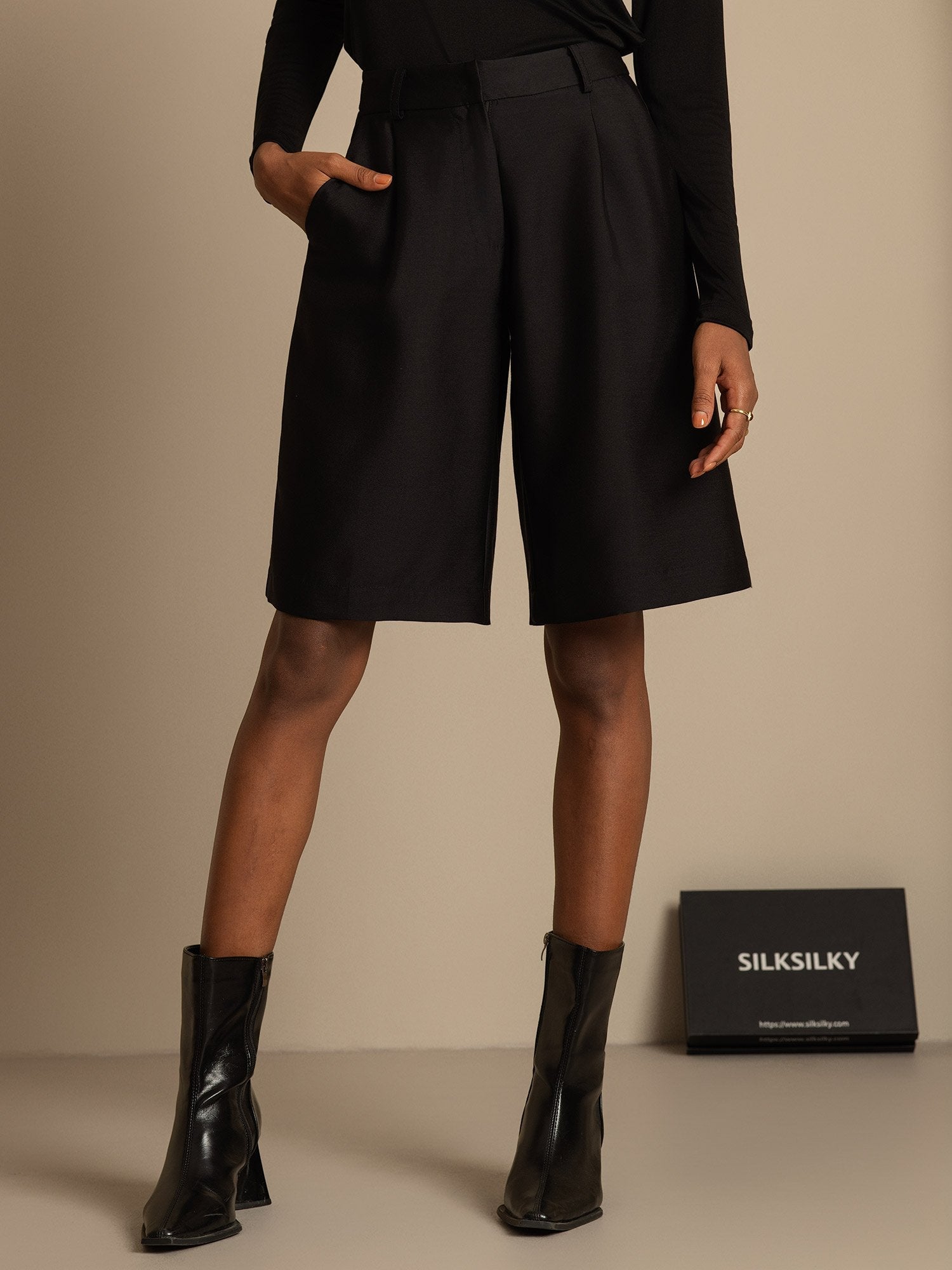 [Svart] SilkSilky-SE 32Momme Silk-Wool Blend Womens Shorts 003,