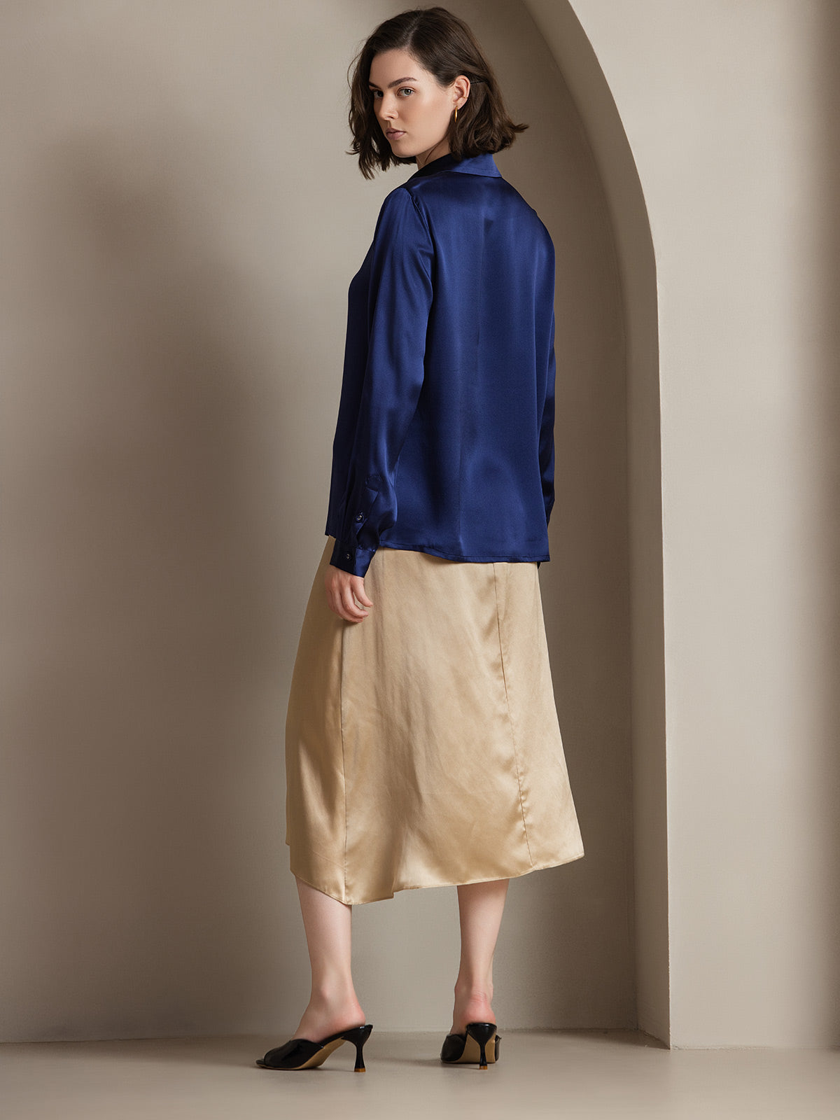 [Mörkblå] SilkSilky-SE 19Momme Silke Lapel Collar Damskjorta 002