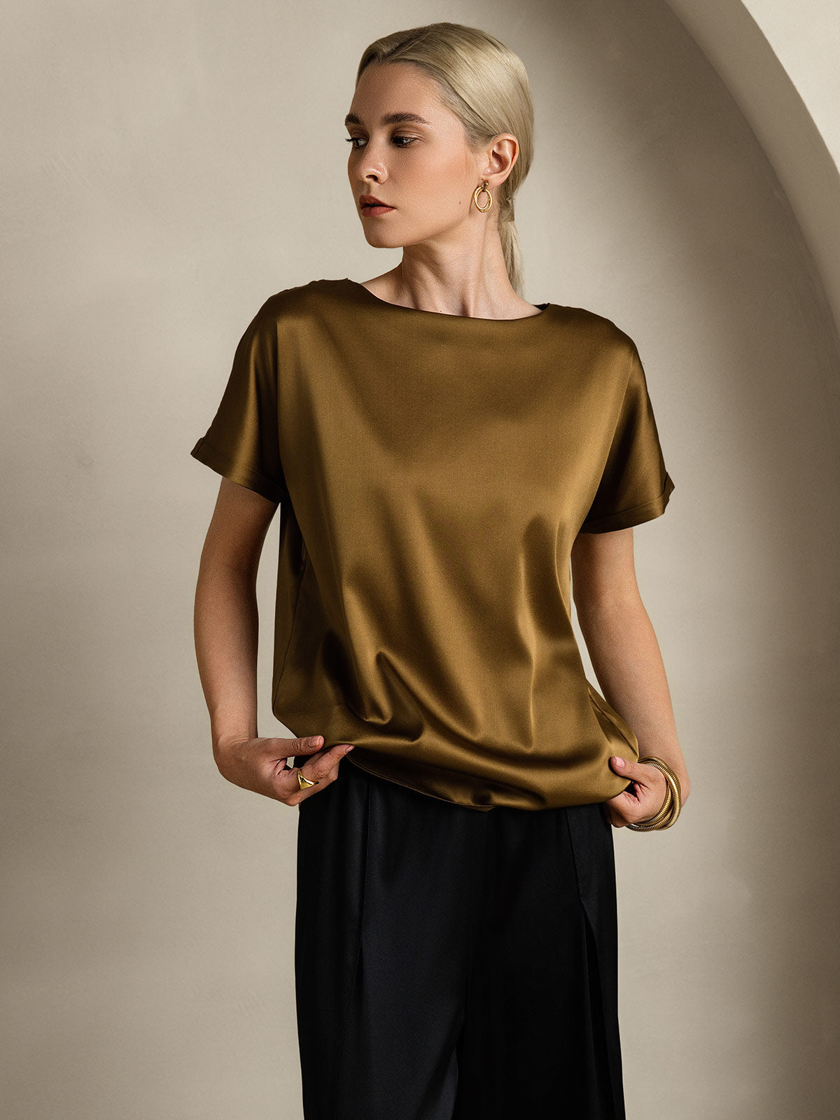 [Brun] SilkSilky-SE 19Momme Silke Womens T-Shirt 004