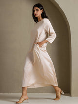 [Beige] SilkSilky-SE 3/4 Sleeve Round Neck Klänning 007