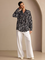 [Svart Prickig] SilkSilky-SE Long Sleeve Lapel Collar Blus 004