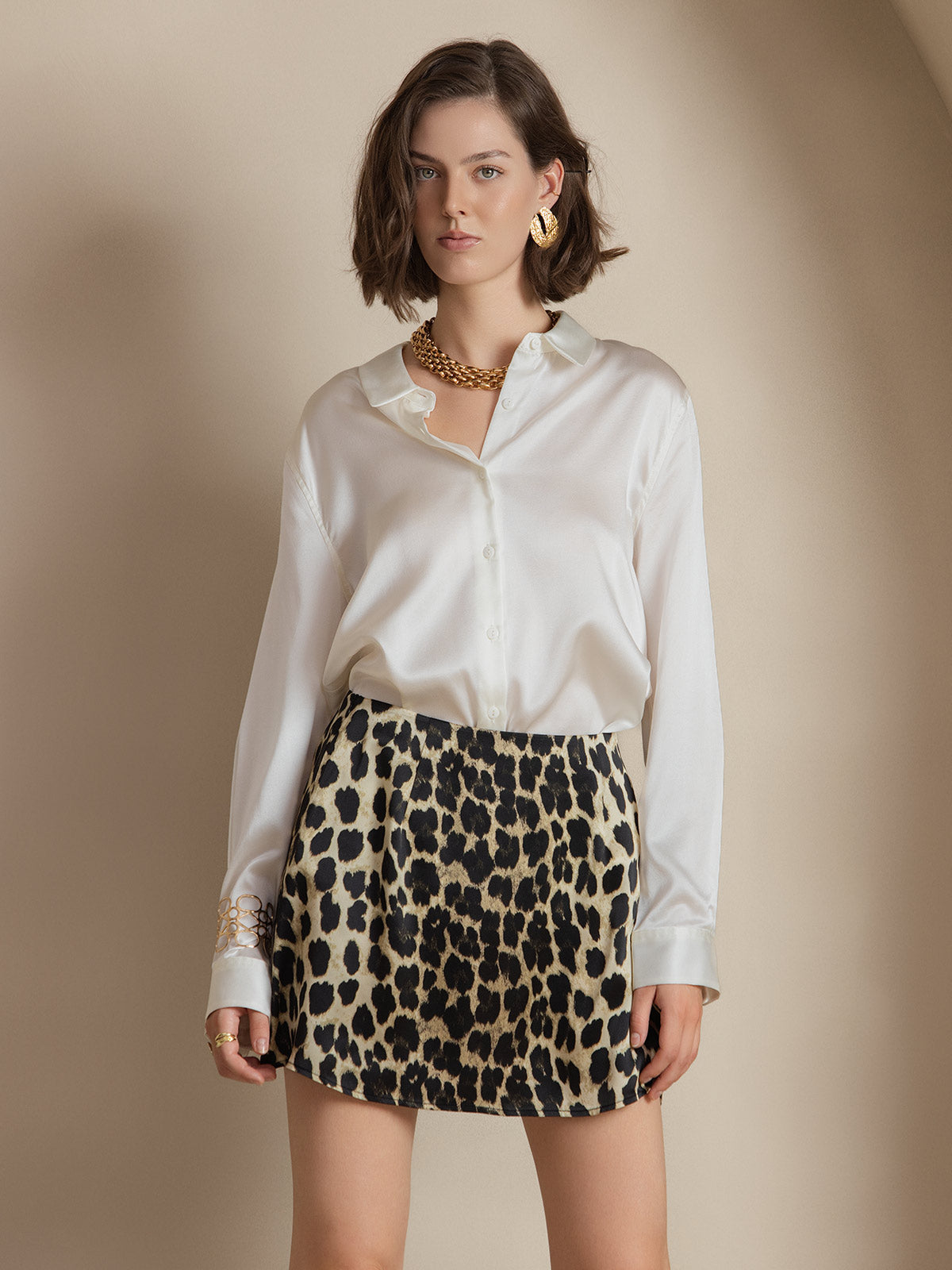 [Vit] SilkSilky-SE Silke Lång Ärm Krage Damskjorta 001