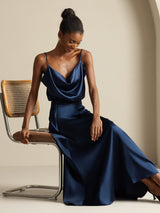 [Mörkblå] SilkSilky-SE 19Momme Spaghetti Rem Cowl Halsringning Women''s Outfit Sets 008