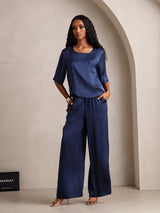 [Mörkblå] SilkSilky-SE Half Sleeve Round Neck Dam Pyjama 006