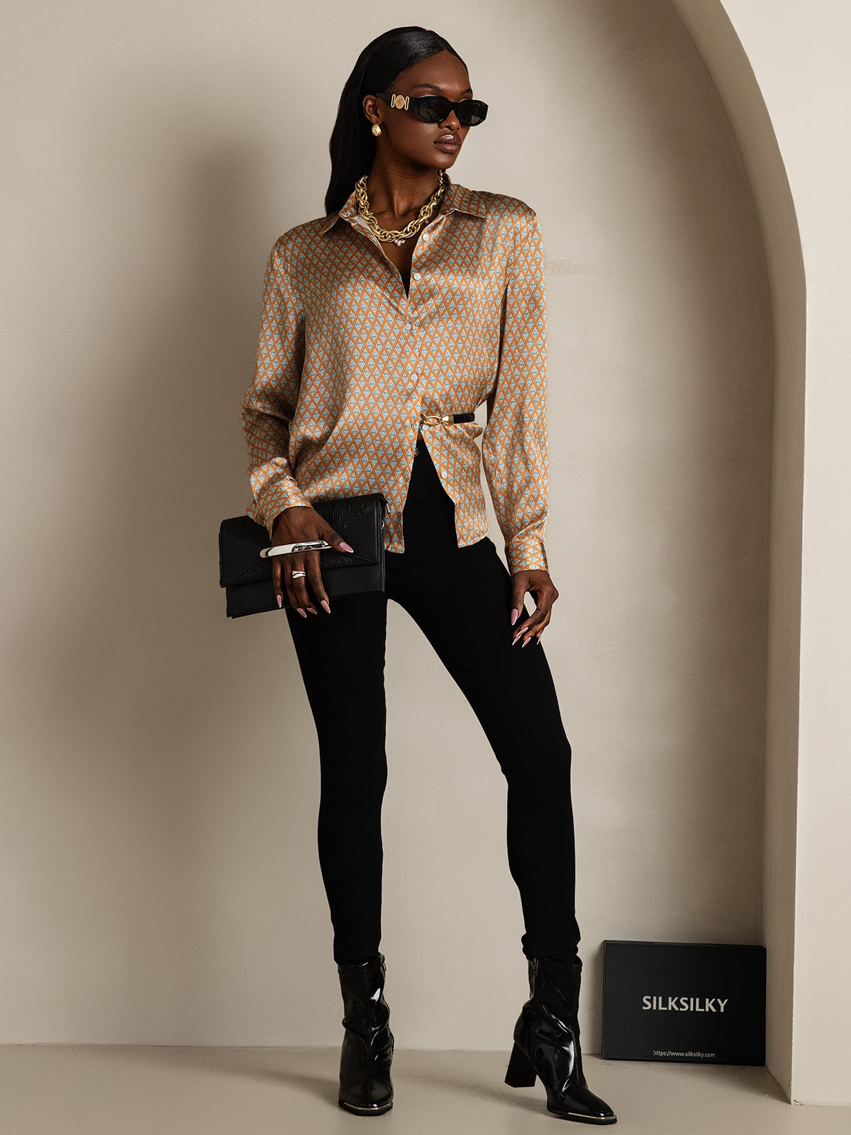 [Floral] SilkSilky-SE Lång Ärm Krage Damskjorta 007