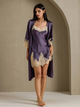 [Lila Grå] SilkSilky-SE 3/4 Sleeve V Neck Dam Nattlinne&Morgonrock Set 009