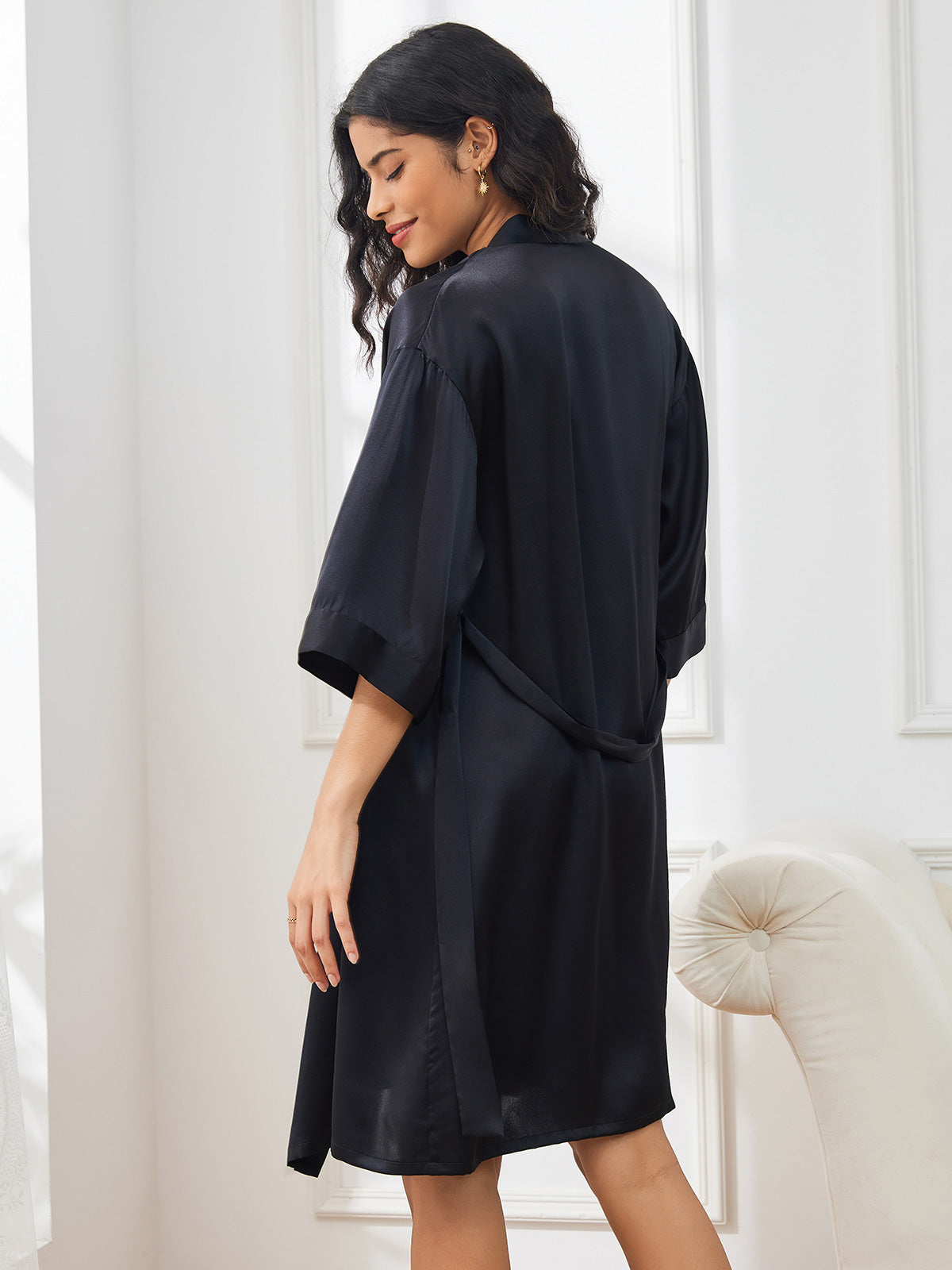 SilkSilky SE Rent Silke 3/4 Ärm Nightgown&Robe Set Svart 002