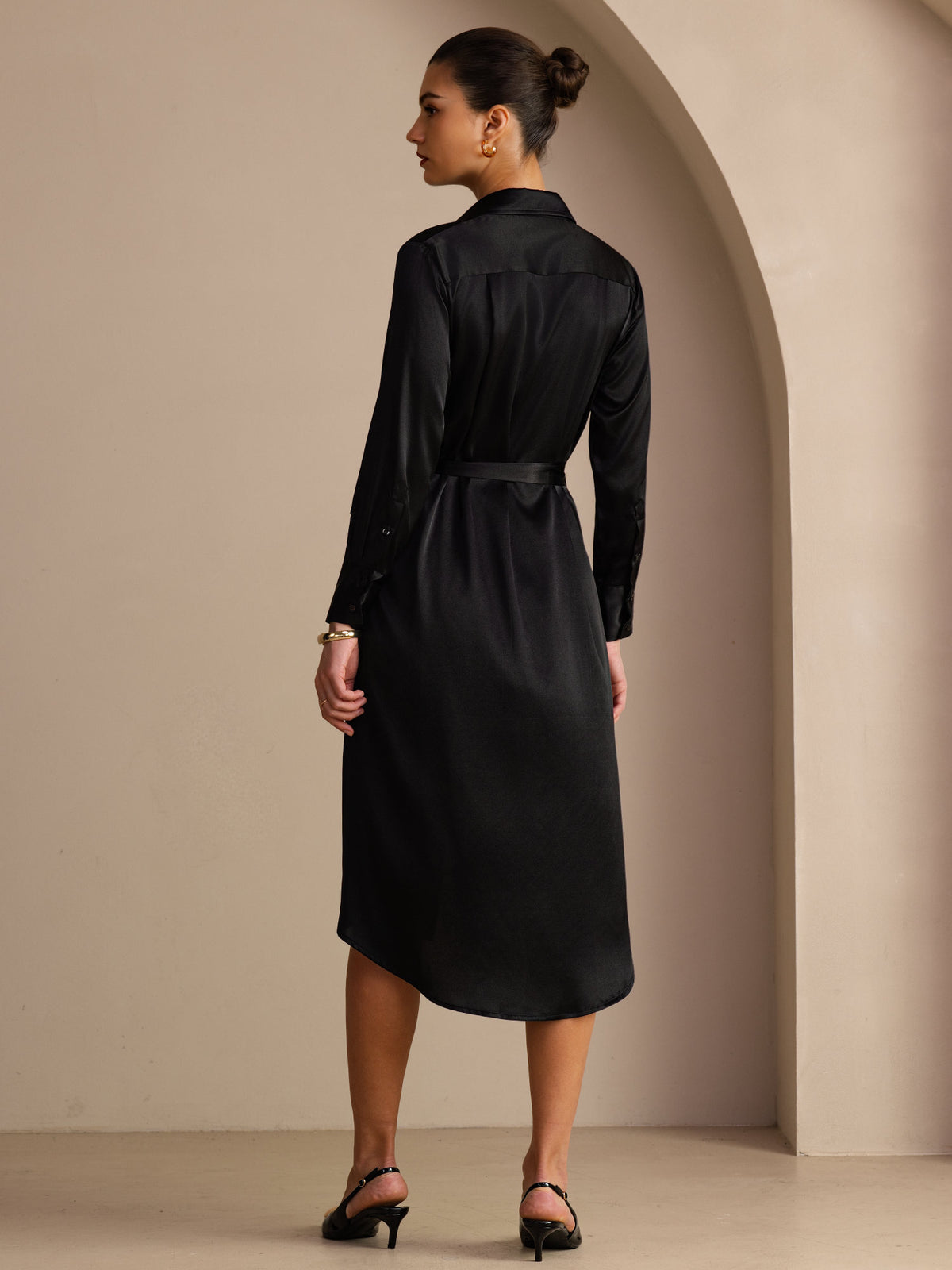 [Svart] SilkSilky-SE Long Sleeve Lapel Collar Klänning 002