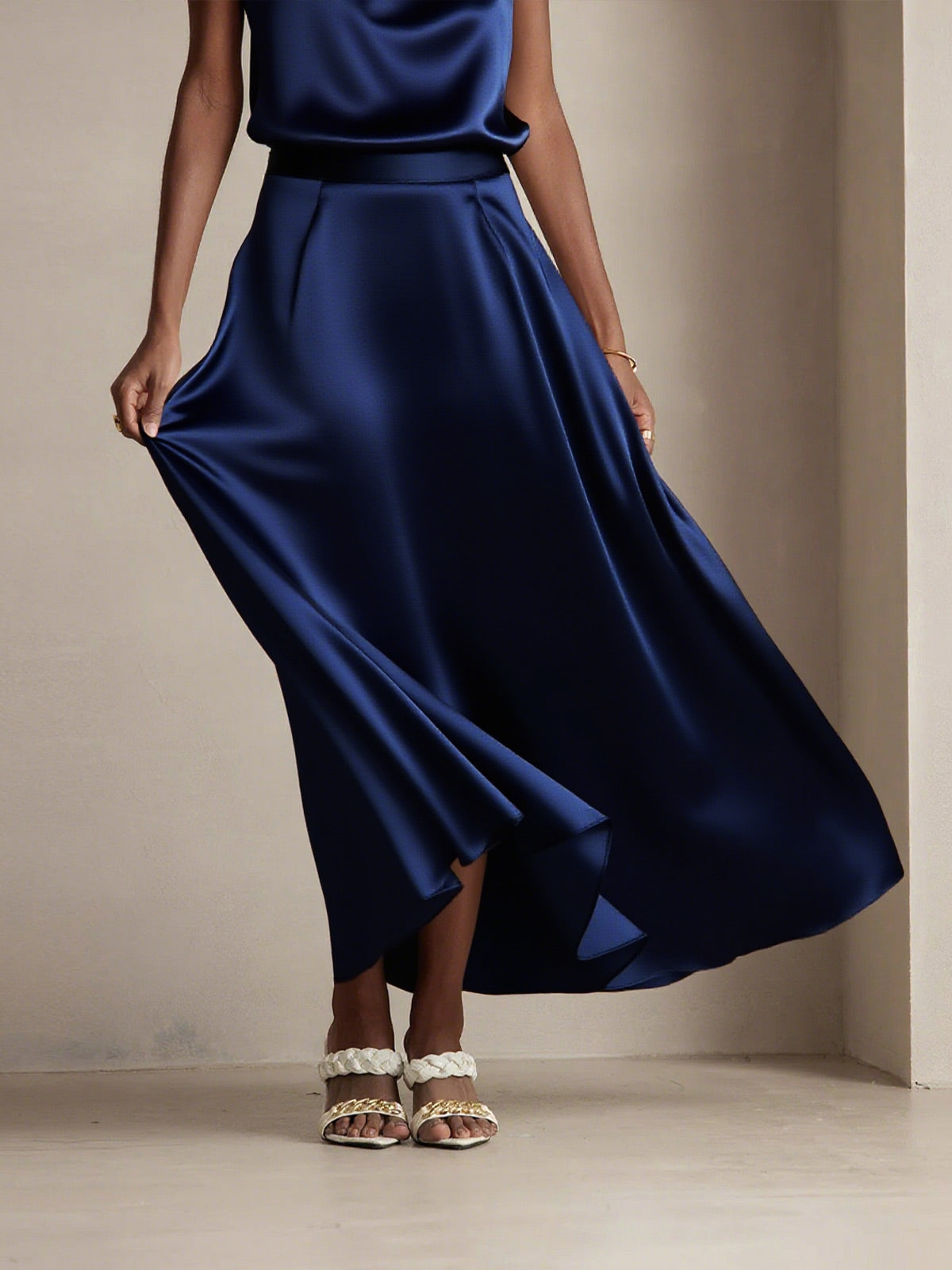 [Mörkblå] SilkSilky-SE 19Momme Silke Skirt 005