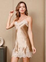 [Champagne] SilkSilky-SE 3/4 Sleeve V Neck Dam Nattlinne&Morgonrock Set 004