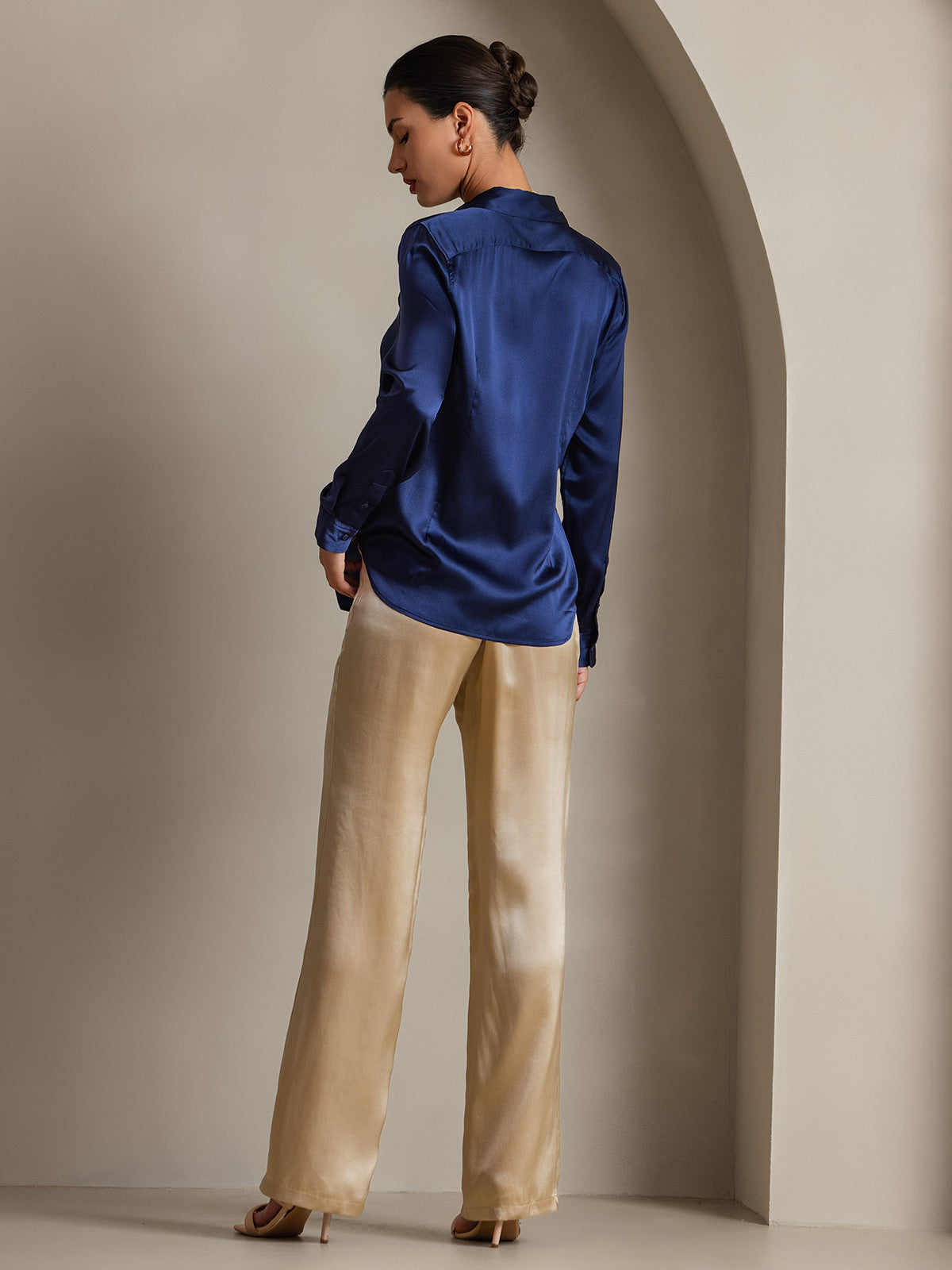 [Mörkblå] SilkSilky-SE Silke Lång Ärm Krage Damskjorta 002