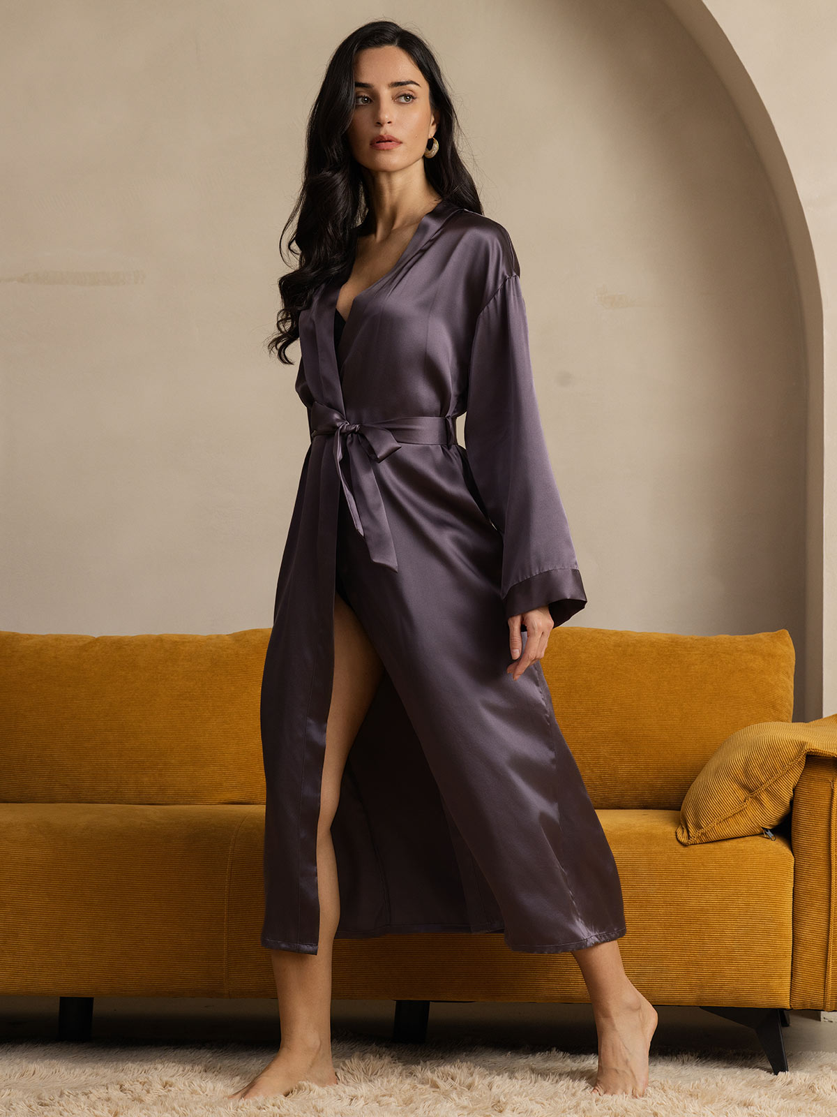 [Lila Grå] SilkSilky-SE Rent Silke Womens Robe 004