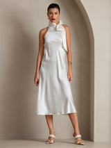 [Vit] SilkSilky-SE 19Momme Stretch Silk Charmeuse Sleeveless Halter Klänning 008