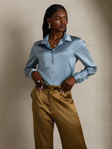 [Gråblå] SilkSilky-SE Long Sleeve Lapel Collar Damskjorta 004