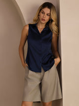[Mörkblå] SilkSilky-SE Sleeveless Lapel Collar Damskjorta 006