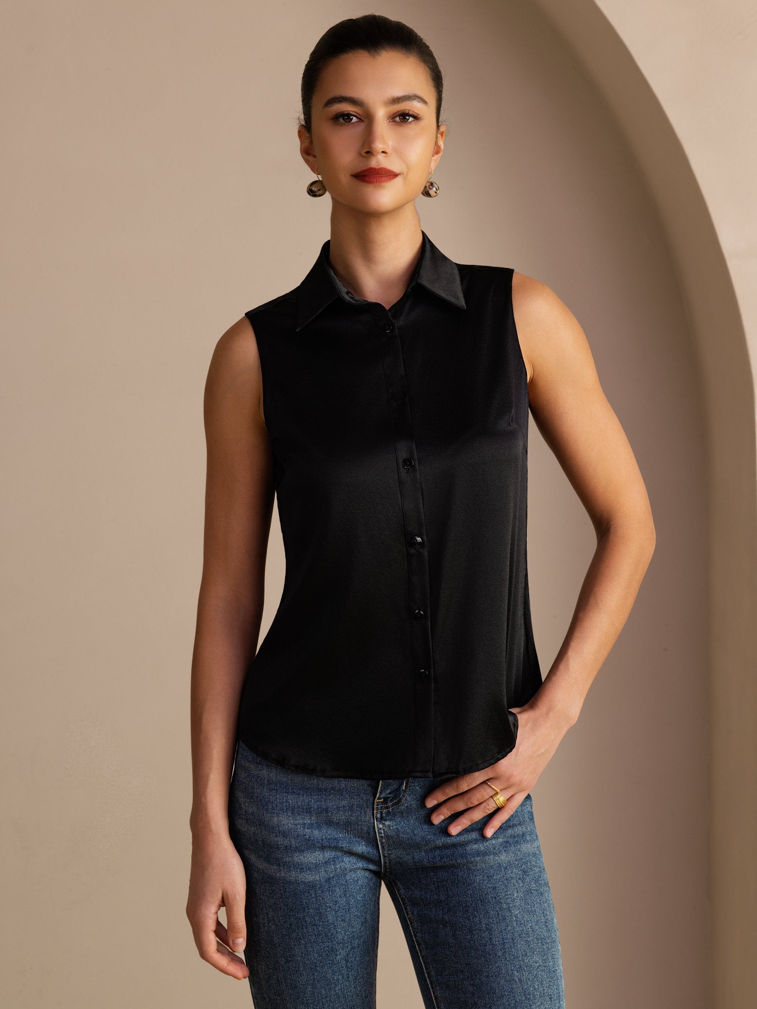 [Svart] SilkSilky-SE Sleeveless Lapel Collar Damskjorta 001