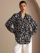 [Svart Prickig] SilkSilky-SE Long Sleeve Lapel Collar Blus 003