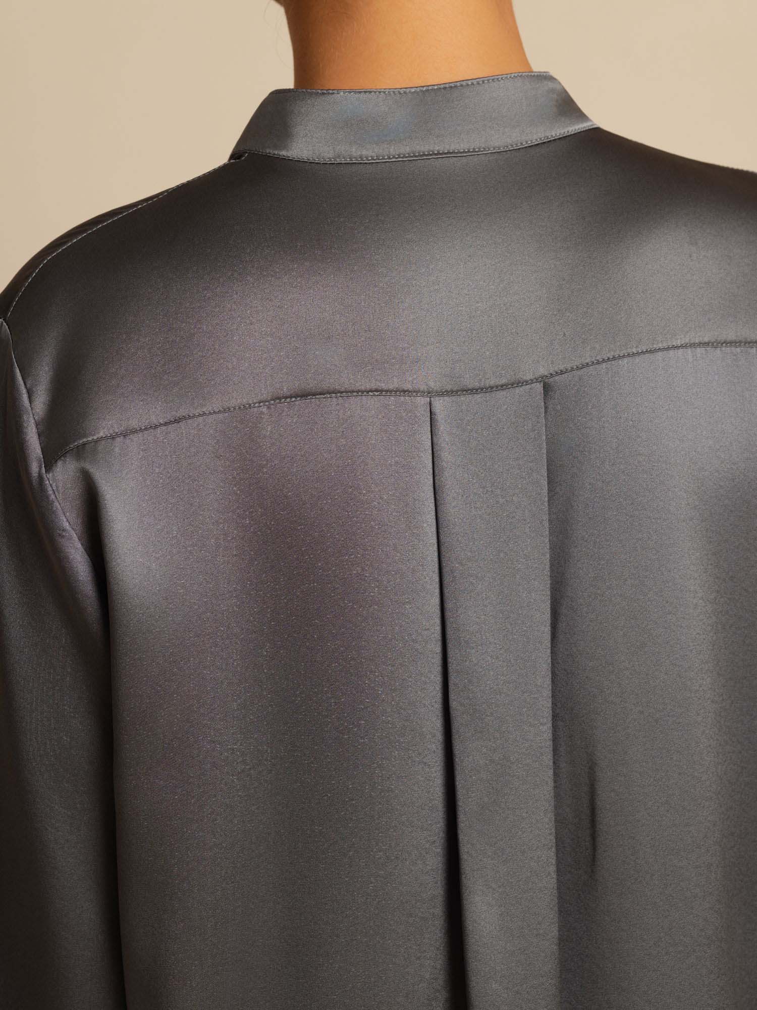 [Mörkgrå] SilkSilky-SE 19Momme Silke Lång Ärm Ståkrage Blus 007