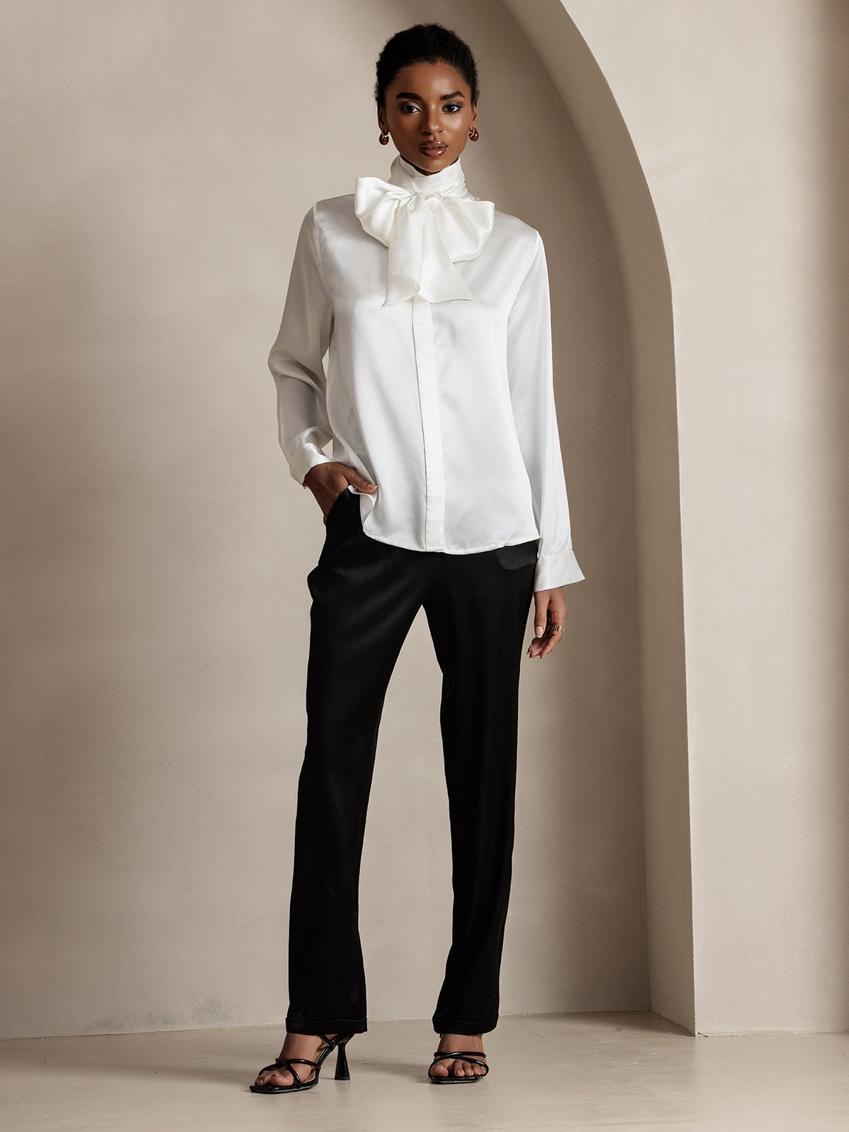 [Svart] SilkSilky-SE 19Momme Silke Womens Pants 005