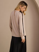 [Tan] SilkSilky-SE Long Sleeve Keyhole Neck Damblusar 002